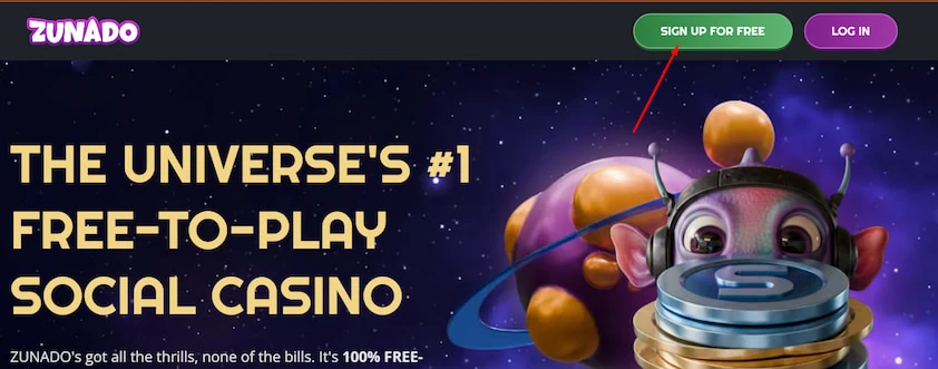 Zunado homepage header with a red arrow pointing to the sign up for free button beside log in, above a space-themed hero