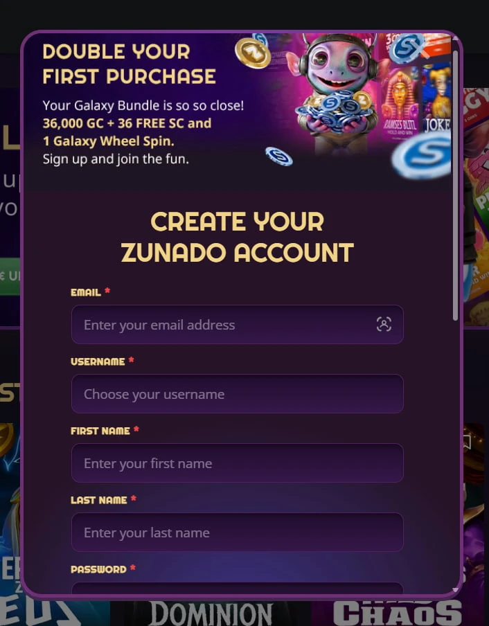 Zunado account creation form with email, username, first name, last name and password fields below a bundle banner