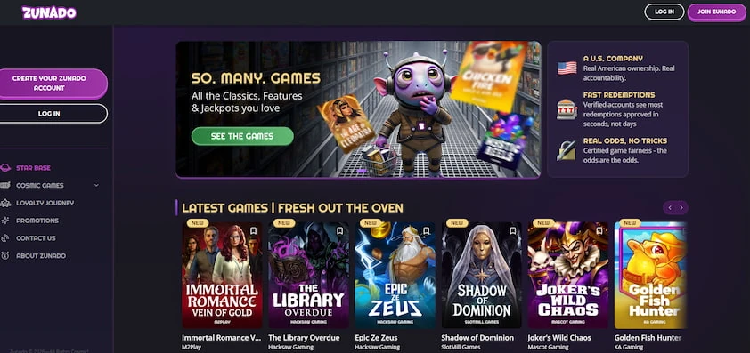 Zunado homepage with a sidebar menu, a games promo banner, three trust badges and a latest games row of slot tiles