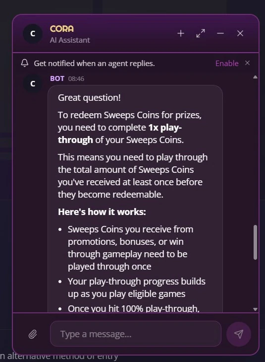 Zunado Cora AI assistant chat explaining the play-through Sweeps Coins need before they can be redeemed for prizes