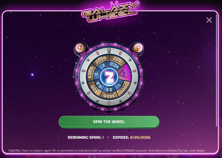 Zunado Galaxy Wheel bonus modal with a prize wheel of coin segments, a spin the wheel button and remaining spins counter