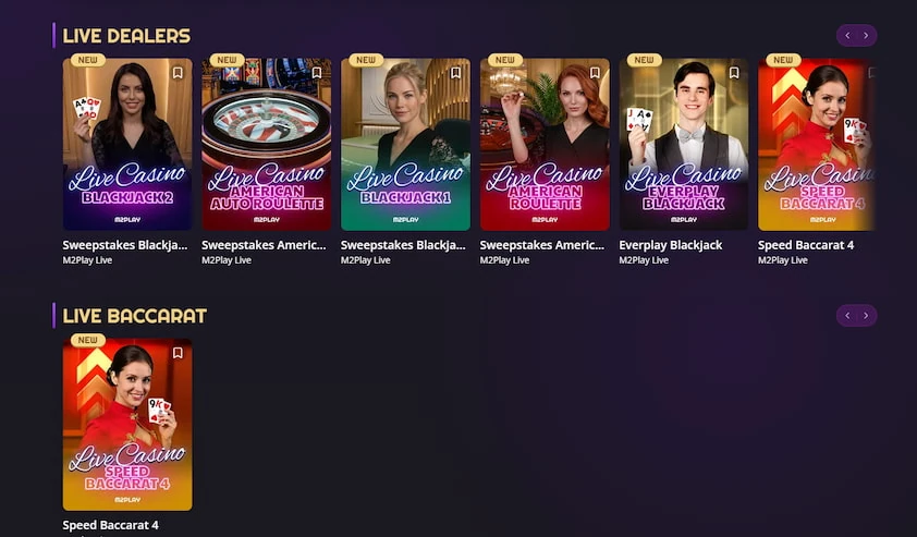 Zunado live dealers carousel of M2Play blackjack, roulette and baccarat tables above a single live baccarat tile