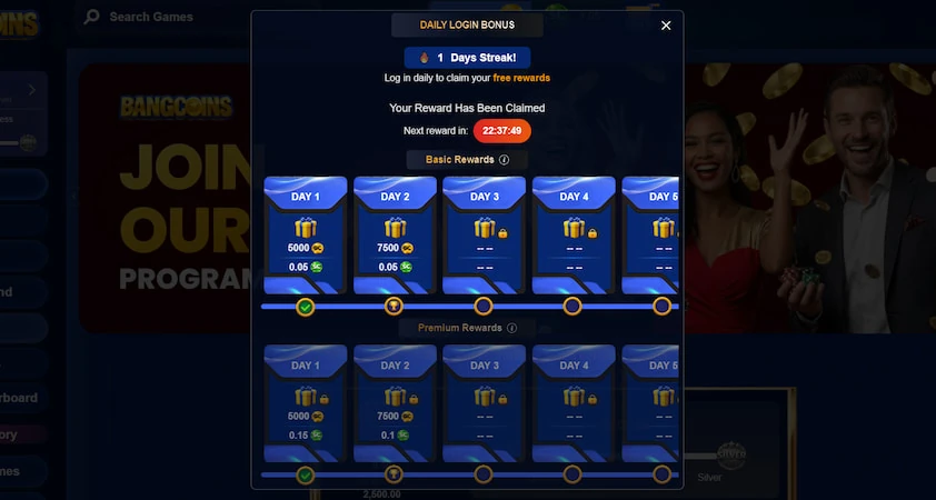 BangCoins daily login bonus modal with a streak counter, next reward timer and basic and premium day-by-day reward tracks