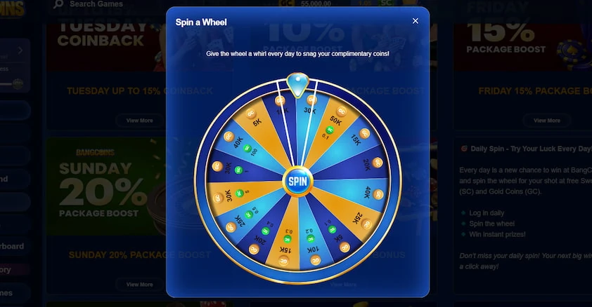 BangCoins spin a wheel modal with a segmented prize wheel and central spin button over the promotions page