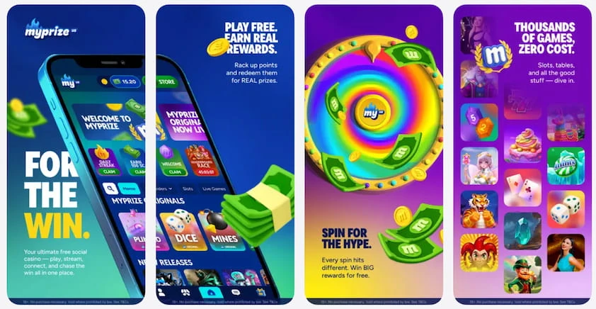 MyPrize app store preview panels showing the mobile lobby on a phone, a rewards pitch, a prize wheel and a grid of game icons