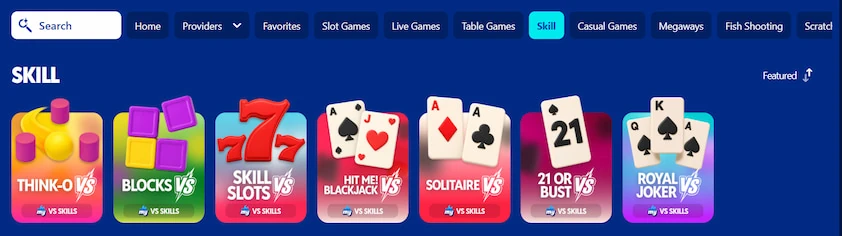 MyPrize skill games category with the game type navigation bar above a row of head-to-head versus titles