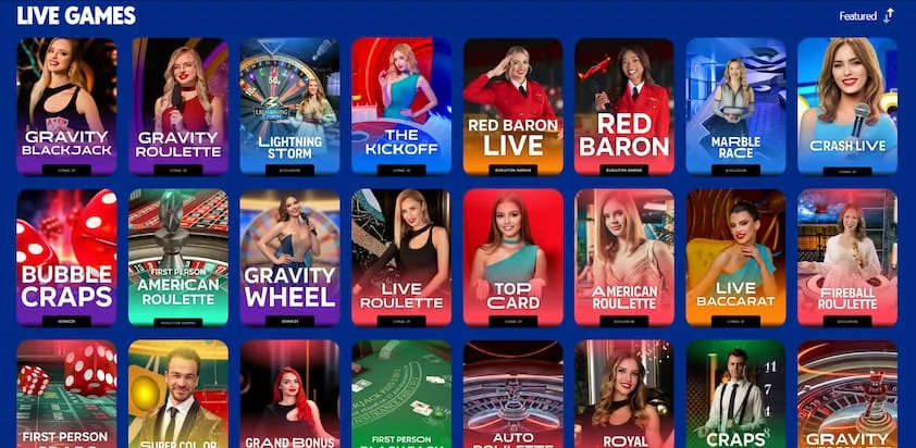 MyPrize live games lobby with a grid of live dealer tables and game shows, each tile labelled with its provider