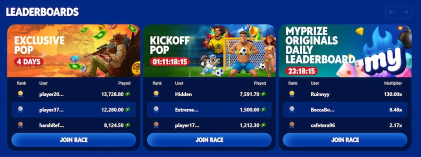 MyPrize leaderboards section with three race cards, each with a countdown timer, a ranked player list and a join race button