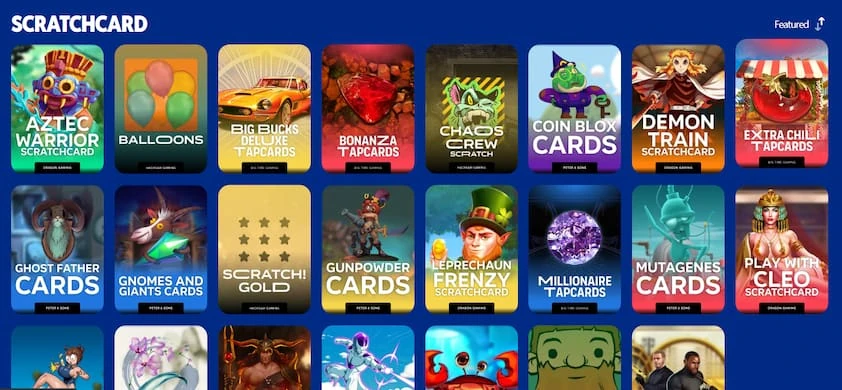 MyPrize scratchcard category page with a grid of scratchcard and tapcard titles, each labelled with its provider