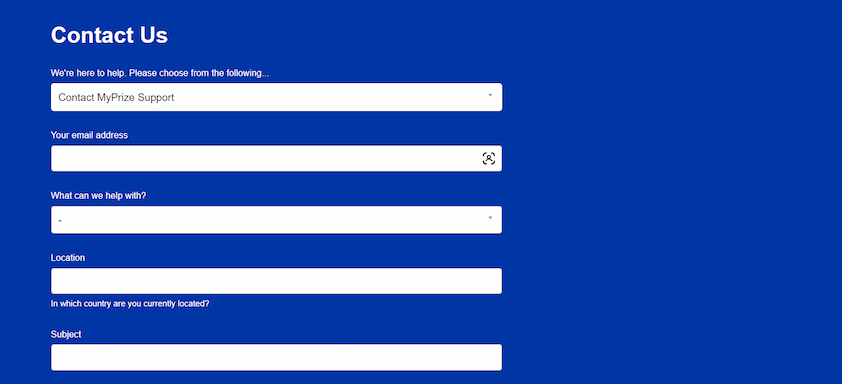 MyPrize contact us form with request type, email address, help topic, location and subject fields