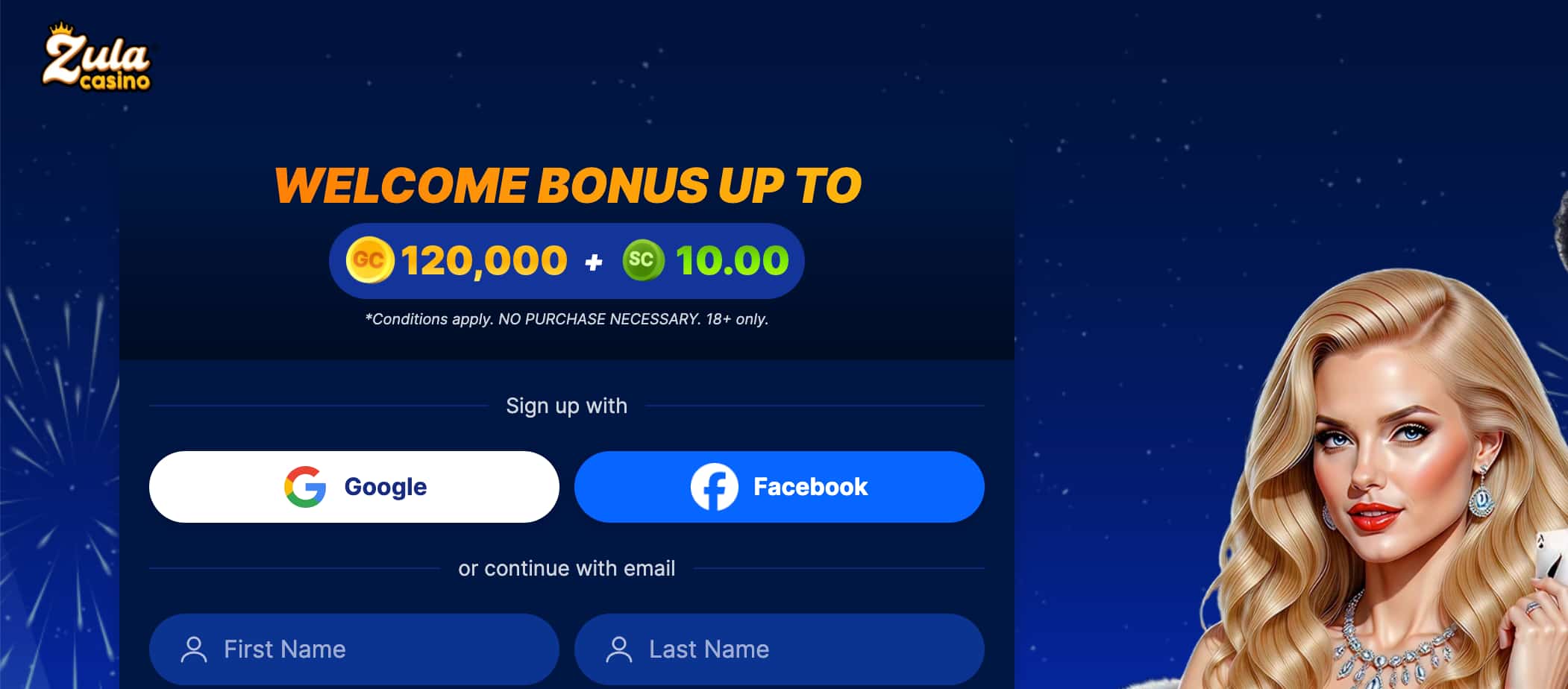 Claim the No Deposit Bonus at Zula Casino 120,000 GC + 10 SC just for signing up