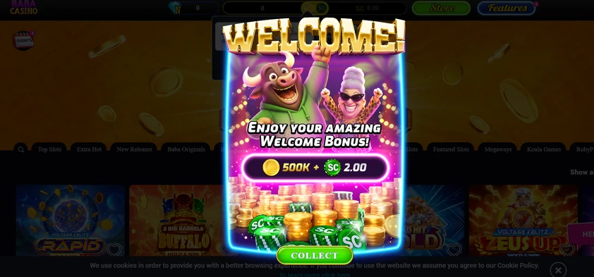 Baba Casino Bonus Baba Casino welcome pop-up crediting the no-purchase signup bonus in Gold Coins and Sweeps Coins, with a Collect button over the slots lobby