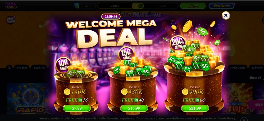 Baba Casino First Purchase Offer Baba Casino Welcome Mega Deal pop-up with a 24-hour countdown and three first-purchase coin package tiers, each adding bonus Gold Coins and free Sweeps Coins