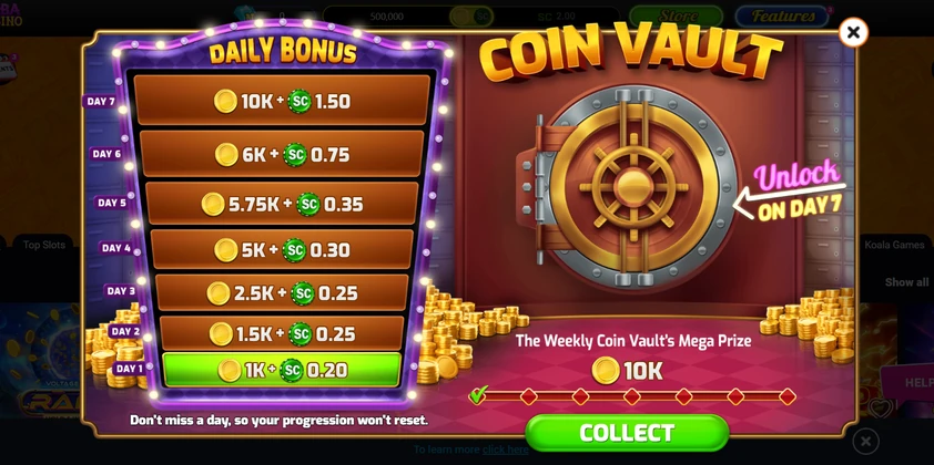 Baba Casino Daily Bonus Baba Casino daily bonus calendar showing seven escalating daily rewards beside the Coin Vault weekly prize that unlocks on day seven