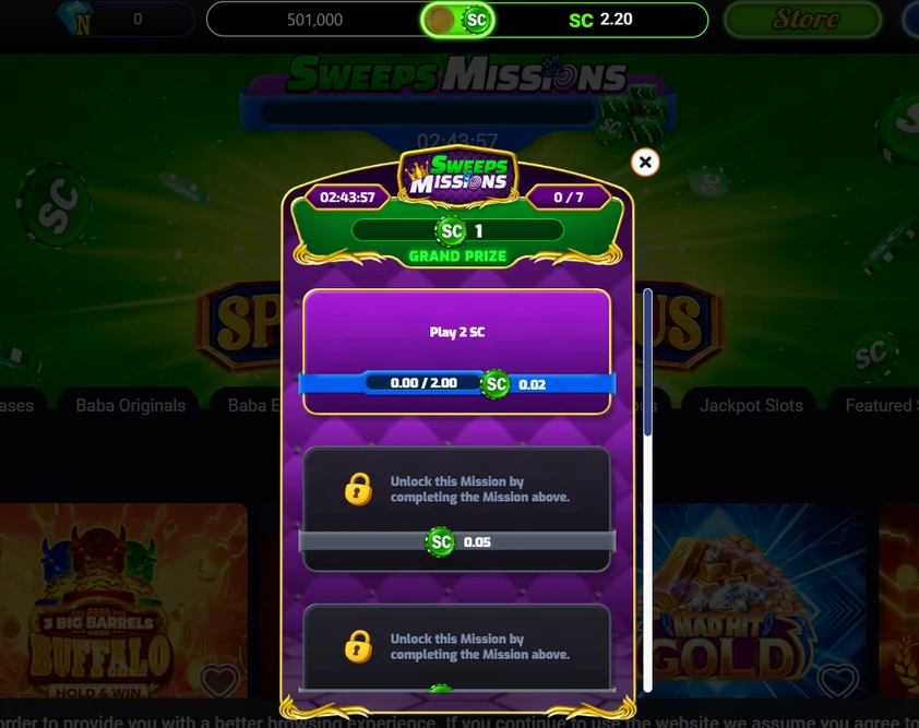 Baba Casino sweeps missions Baba Casino Sweeps Missions panel with a timer, a grand prize in Sweeps Coins and a chain of play-through missions that unlock one after another