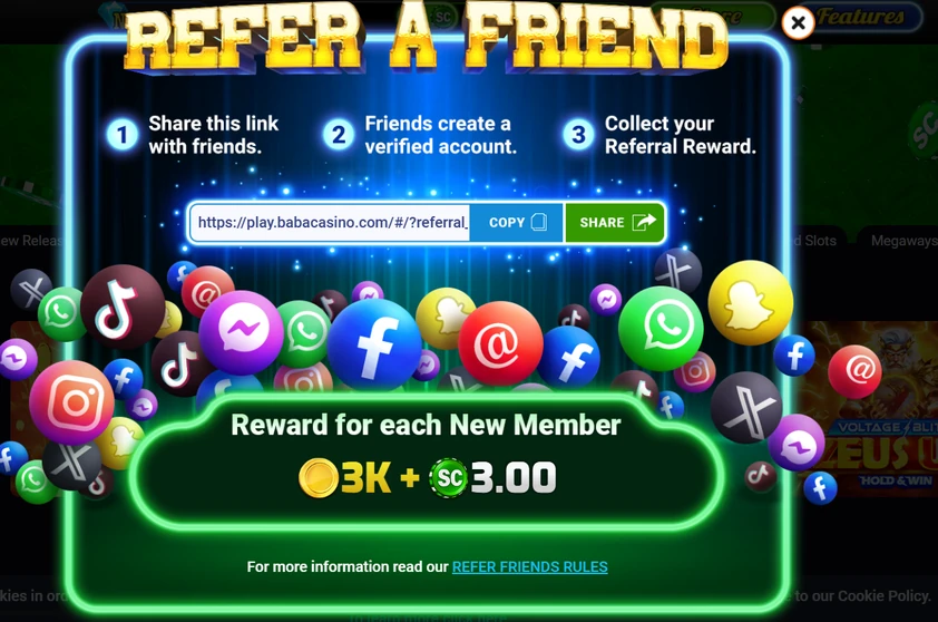 Baba Casino Refer a Friend Baba Casino Refer a Friend pop-up explaining the three-step referral process with a shareable link and the Gold Coin and Sweeps Coin reward per new member