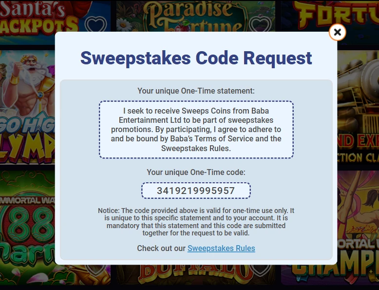 Baba Casino Code Request Baba Casino Sweepstakes Code Request pop-up showing the one-time statement and one-time code required for a mail-in Sweeps Coins request