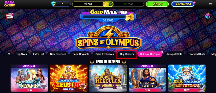 Baba Casino Lobby Baba Casino slots lobby with the coin balance toggle, Store and Features buttons in the top bar, game category tabs and a grid of themed slot tiles