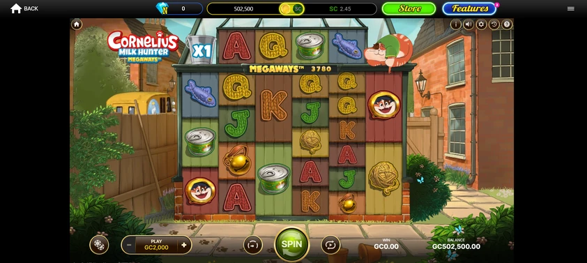 Baba Casino Slots Cornelius Milk Hunter Megaways slot running at Baba Casino in Gold Coin mode, with the casino balance bar above the game
