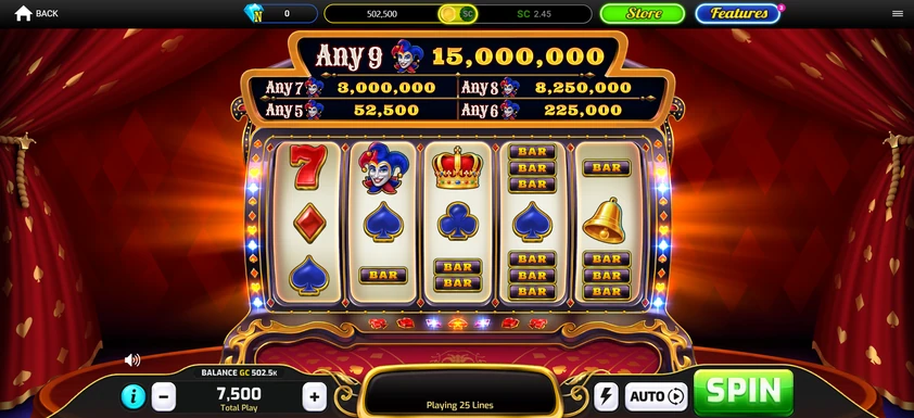 Baba Casino Slots 2 Jester's Vault, a Baba Originals five-reel fruit slot, with its fixed joker jackpot table displayed above the reels