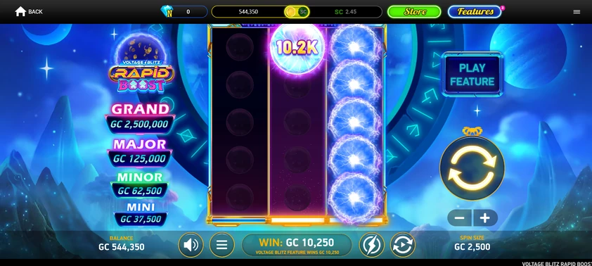 Baba Casino Slots 4 Voltage Blitz Rapid Boost slot at Baba Casino with its Grand, Major, Minor and Mini fixed jackpots and a triggered orb feature on the reels