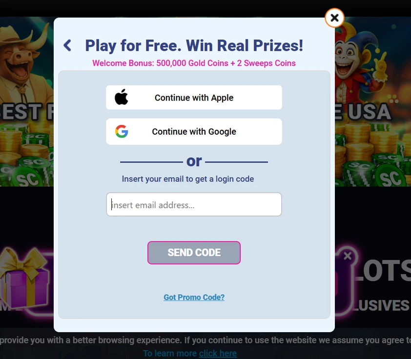Baba Casino Signup Baba Casino sign-up window offering Apple, Google or email login code registration, with a promo code link below