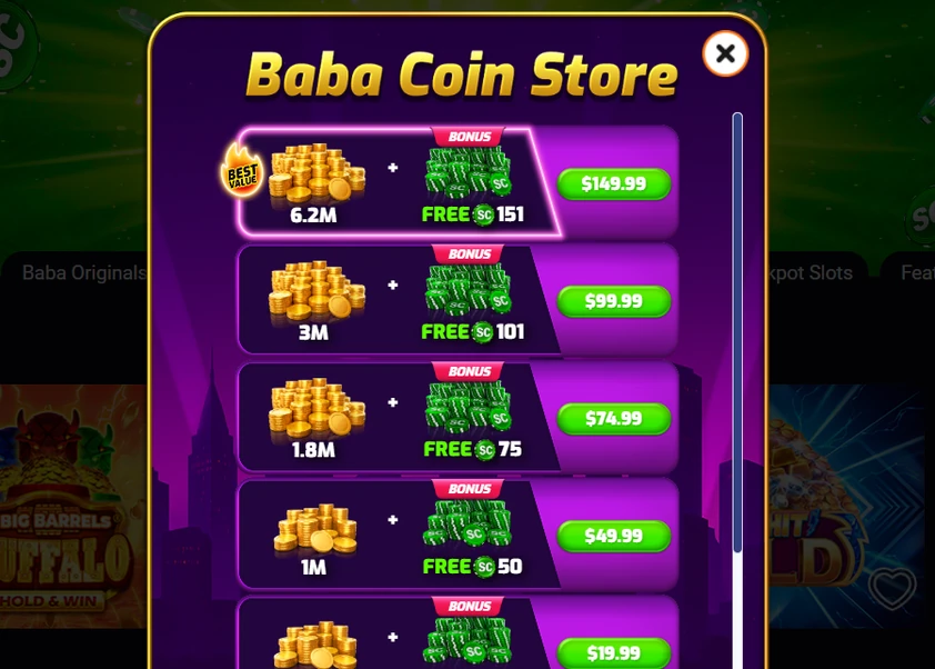 Baba Casino Coin Packages Baba Casino Coin Store listing Gold Coin packages, each bundled with free bonus Sweeps Coins, in descending price order