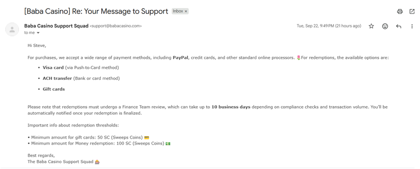 Baba Casino Support Email Email reply from Baba Casino support listing accepted purchase methods, redemption options, review times and redemption minimums