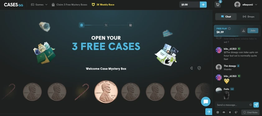 cases.gg welcome screen inviting new players to open three free cases, with a spinning reel of possible prizes and the live chat panel on the right