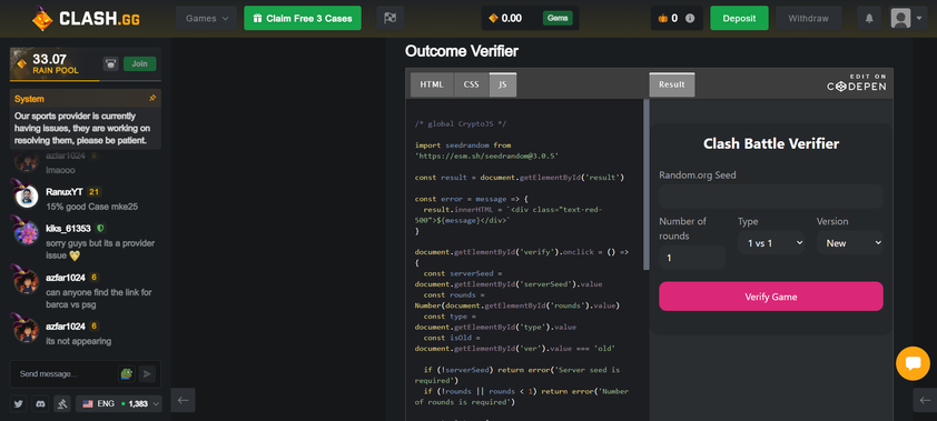 clash.gg Outcome Verifier page with an embedded Clash Battle Verifier that takes a Random.org seed, number of rounds, battle type and version to check a case battle result