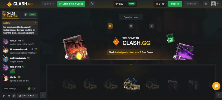 clash.gg welcome screen inviting new players to claim three free CS2 cases, with a skin reel below and the Rain pool and live chat in the left sidebar