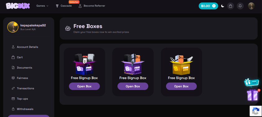 BigBux Free Boxes page in the account area showing three free signup boxes, each with an Open Box button, next to the account menu