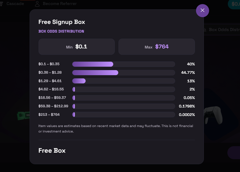 BigBux box odds distribution panel for a free signup box, showing the chance of landing a prize in each item value band from lowest to highest