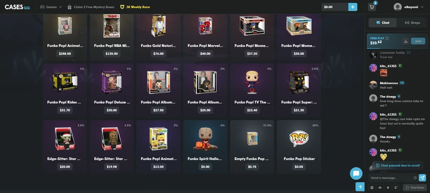 cases.gg box contents view listing Funko Pop collectibles, each tile showing the item's site price and its percentage chance of being won