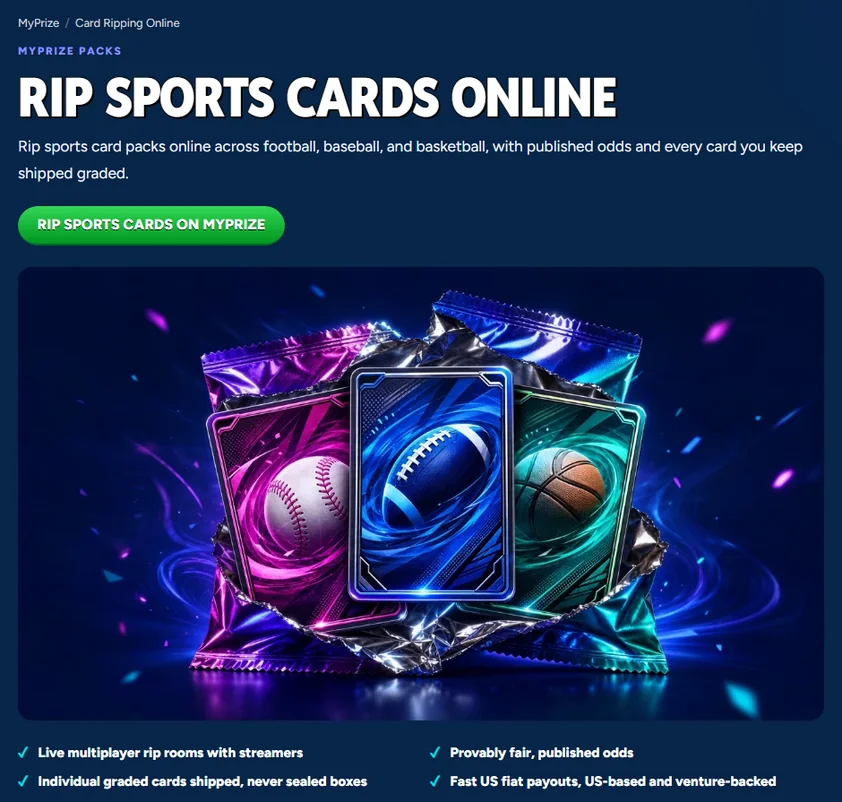 MyPrize page for ripping sports card packs online covering football, baseball and basketball packs, with feature notes on graded card shipping and published odds