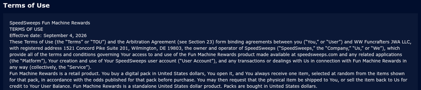 SpeedSweeps Rips Terms SpeedSweeps Fun Machine Rewards terms of use describing the card pack product as a retail purchase made in US dollars, with shipping or sell-back after opening