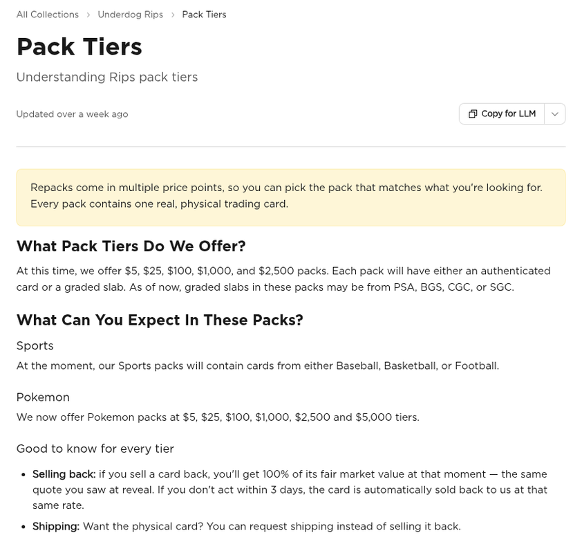 Underdog rips Pack Tiers Underdog help center article on Rips pack tiers listing sports and Pokemon pack price points, the graders used, and the sell-back and automatic sell-back rules