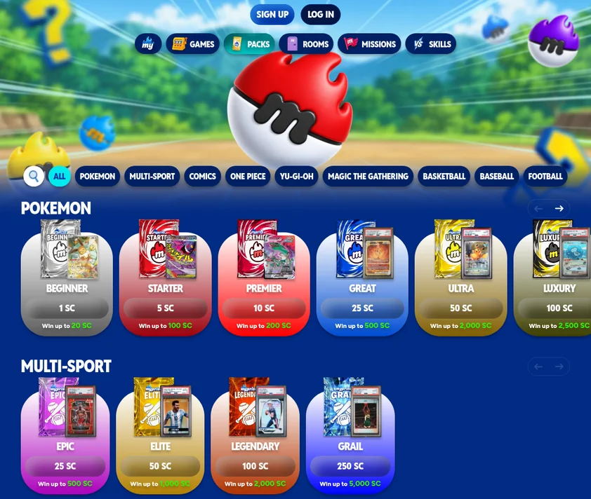 MyPrize Packs Lobby MyPrize Packs lobby with category filters for Pokemon, sports, comics, One Piece, Yu-Gi-Oh and Magic, and pack tiers priced in Sweeps Coins with a maximum prize shown on each