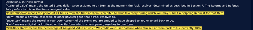 SpeedSweeps Rips Terms Window SpeedSweeps Rips terms definitions with the claim window for shipping requests and the sell-back rate highlighted