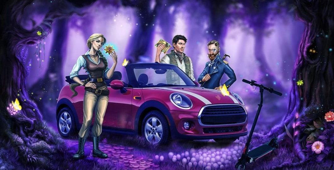 Win a Mini Cooper at Rizk - Slot Characters Standing Around a Mini Cooper
