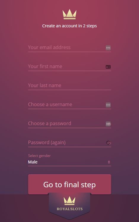 RoyalSlots Create an account window
